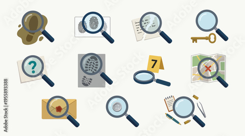 Collection of forensic investigation icons, including fingerprints, magnifying glasses, evidence markers, and maps, representing crime scene analysis and detective work.
