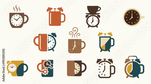 A collection of stylized icons blending coffee cups and alarm clocks, representing time and morning routines.