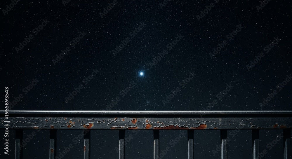 Fototapeta premium A sturdy metal railing overlooks a vast dark sky filled with shimmering stars, capturing the quiet and pensive mood of a deep sleepless night, stars, universe, dark