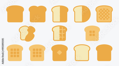 A collection of various sliced bread types and shapes, including plain, patterned, and halved pieces, presented in a grid layout.