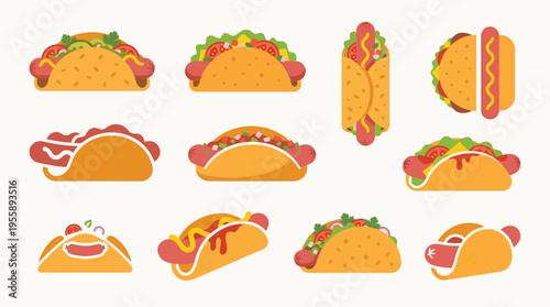 A vibrant collection of stylized hot dogs presented in various creative taco and burrito-like presentations, showcasing diverse toppings and arrangements.