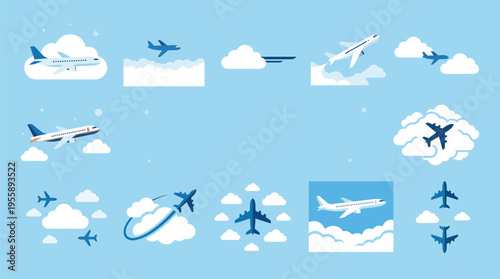 A collage of various airplane illustrations in different flight scenarios against a clear blue sky with clouds.
