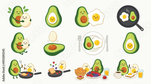 A collection of cute cartoon illustrations featuring avocados and eggs in various breakfast and meal preparations, showcasing a friendly and playful food theme.