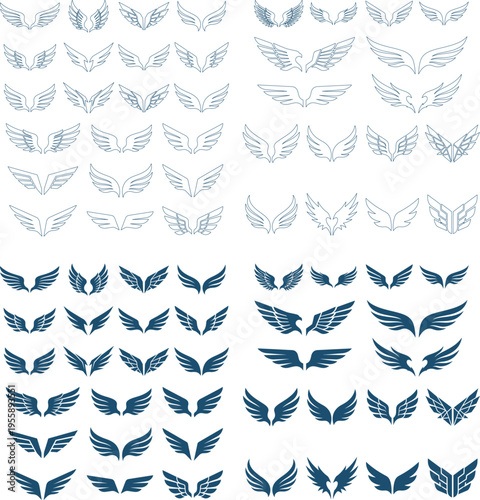 Wings collection icons, various styles feathered folded spread, symbolizing freedom flight and power