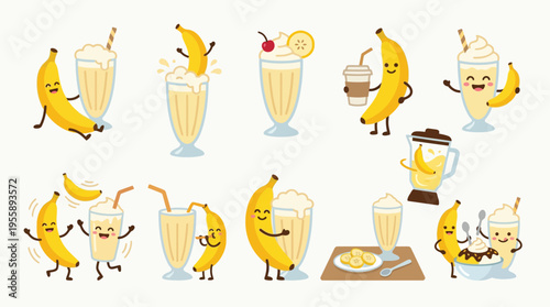 A delightful collection of anthropomorphic bananas enjoying themselves with banana milkshakes and desserts, showcasing a playful and cheerful theme.
