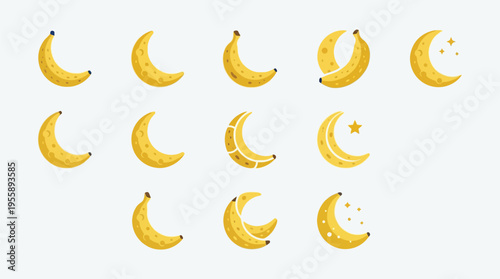 A collection of crescent moon-shaped bananas, some with stars and a star, against a light background.