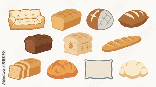 A collection of various types of bread and a sofa, presented in a flat illustration style.