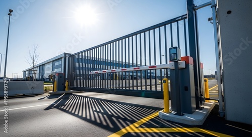 A modern security gate and barrier arm control access to a large industrial or business facility under a bright sky.