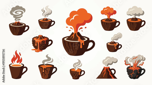 Collection of stylized coffee cups erupting like volcanoes with lava, smoke, and fire.