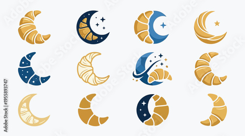 Cuadro en lienzo Collection of crescent moon and croissant illustrations, symbolizing breakfast, bakery, and celestial themes