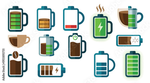 Collection of battery icons creatively designed as coffee mugs, illustrating energy levels and caffeine's stimulating effect.