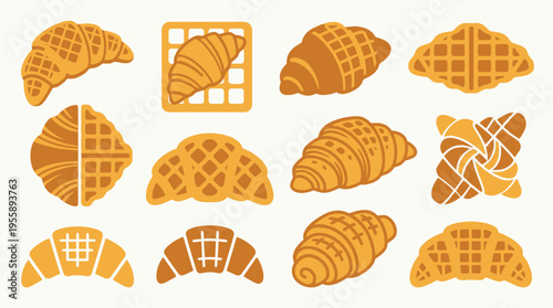 A collection of stylized illustrations of croissants and waffles in various geometric and abstract designs, presented in a warm, golden-brown color palette.