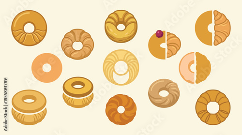 A delightful assortment of various ring-shaped baked goods, including donuts and bagels, presented against a plain background.