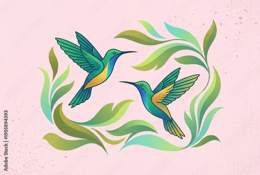 Fototapeta premium Elegant hummingbirds in flight with vibrant gradient colors and botanical foliage