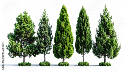 Five green, stylized trees on a white background, each with a small green base