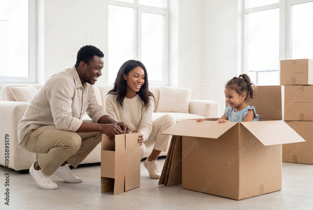 © Meow Creations - Happy family playing with cardboard boxes in new home