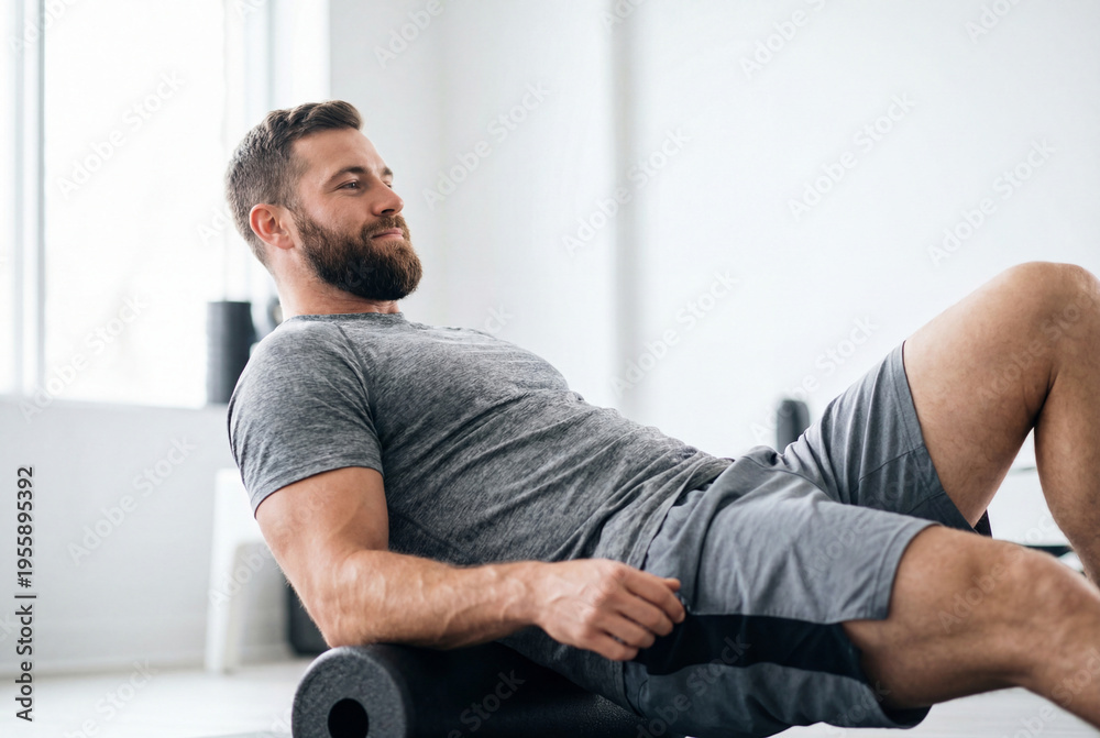 Fototapeta premium Muscular man with beard using foam roller for muscle recovery