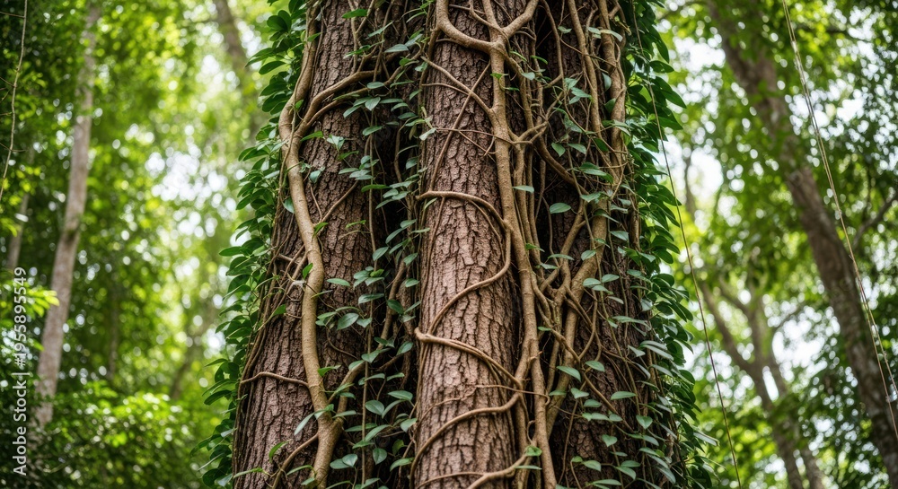 Fototapeta premium Vines Climbing Rough Tree Trunks in Dense Forest with Green Canopy.