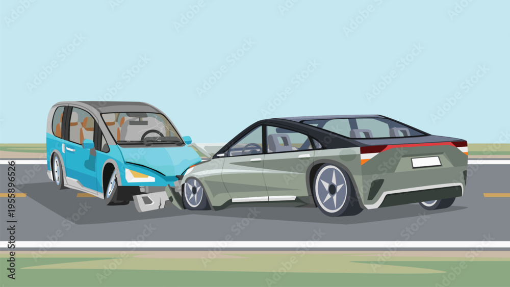 Fototapeta premium Separate layer of blue hadback car and green sedan car. Collision on the asphalt road resulted in severe damage to the front of the vehicles. For use in obtaining accident insurance or incidents.