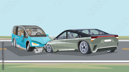 Separate layer of blue hadback car and green sedan car. Collision on the asphalt road resulted in severe damage to the front of the vehicles. For use in obtaining accident insurance or incidents.