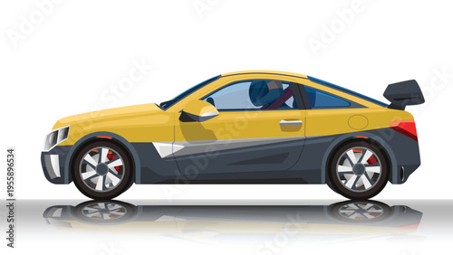 Vector or Illustrator side design of sport race car with driving man. Can view interiror and shadow of car reflected on the surface. Isolated white background.