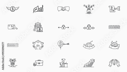 20 Hand-Traced Minimalist Black Line Vector Icon Set: Business, Finance, and Lifestyle Collection Featuring Remote Work, Mental Health, Crowdfunding, Escrow, Inflation, and Career Growth.