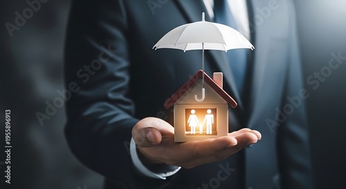 Professional Man Holding Small House Model with White Umbrella Protecting Family