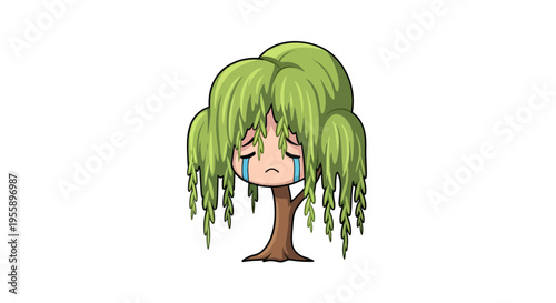 Sad Tree Illustration, Vector Style Graphic, Crying Face, Nature, Emotional Concept