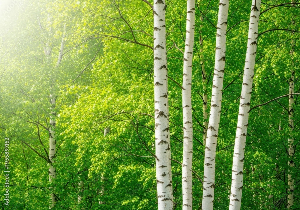 Fototapeta premium Vibrant spring green leaves backdrop in a bright birch tree forest. White trunks stand out against the fresh seasonal foliage and sunlight, backdrop, renewal, green
