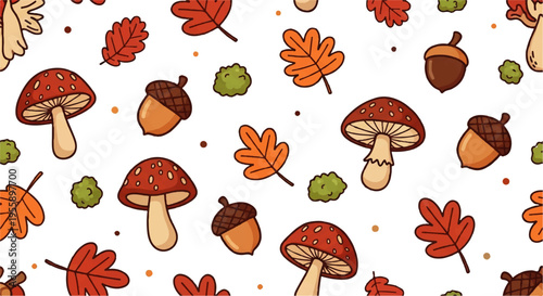 Charming seamless autumn fall pattern featuring whimsical forest mushrooms, vibrant oak leaves, and acorns, creating a delightful nature-inspired background texture