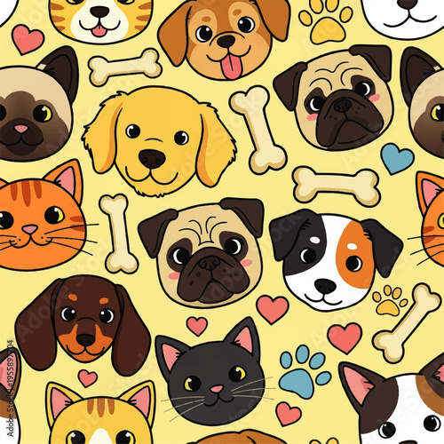 Seamless pattern of cute cartoon pet faces, including dogs and cats, with playful paw prints and bones