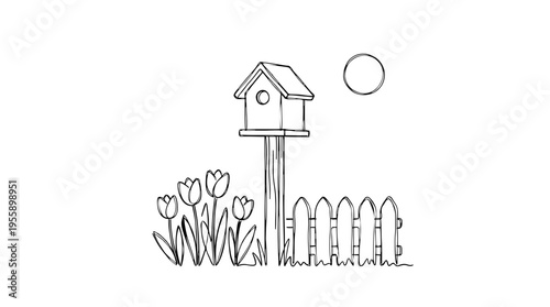 Simple cartoon drawing of a birdhouse on a fence post with tulips and a sun in the background