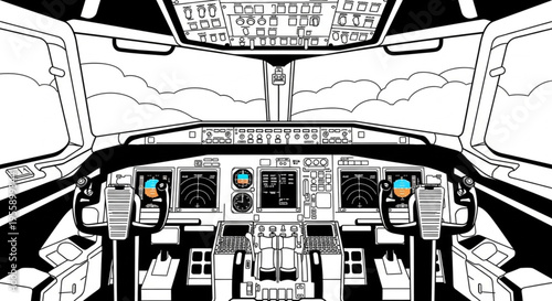 Airplane Cockpit Illustration - Minimalist Vector Flight Deck Art