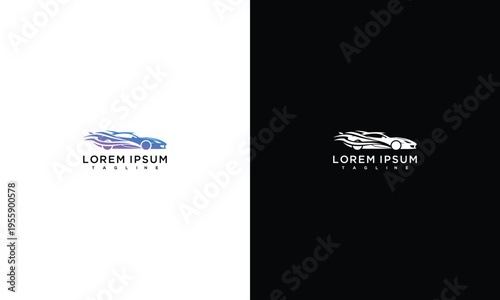 Modern Sports Car Logo Design with Gradient and Monochrome Versions on White and Black Backgrounds