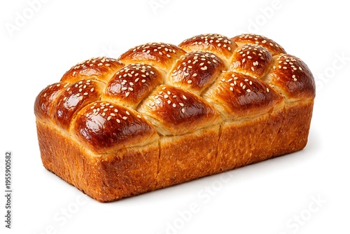 Golden Braided Loaf of Bread with Sesame Seeds on White Background