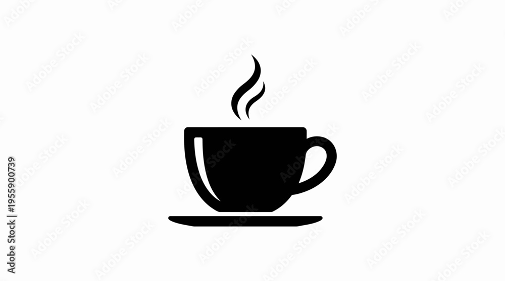 Obraz premium A simple black silhouette icon of a steaming hot coffee cup on a saucer, representing a warm beverage.