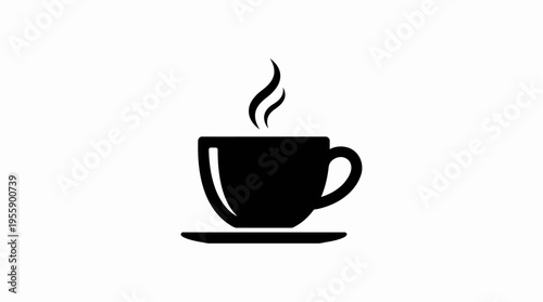 A simple black silhouette icon of a steaming hot coffee cup on a saucer, representing a warm beverage.