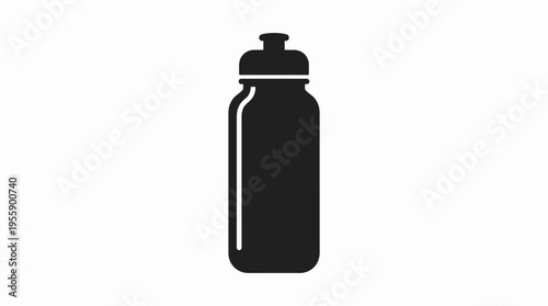 Black water bottle with a cap, isolated on a white background, commonly used for sports and hydration.