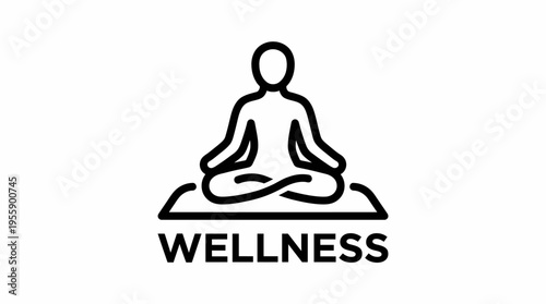 Line art icon of a person meditating in a lotus yoga pose on a mat with the word WELLNESS below.