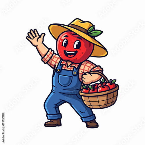 Tomato Mascot Farmer in Overalls with Basket of Tomatoes