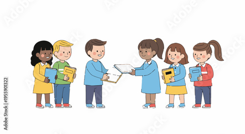 Six diverse children exchanging books and documents in a friendly learning environment, symbolizing cooperation and education.