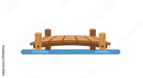 Simple cartoon wooden bridge illustration over still blue water reflection landscape