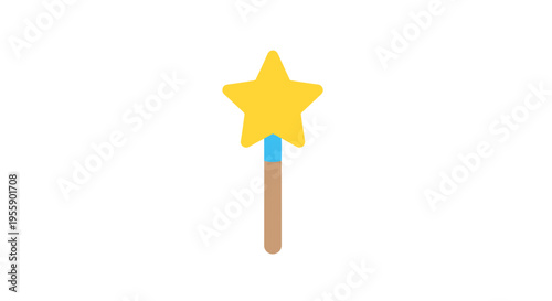 Simple cartoon illustration of a magic wand, with yellow star and wooden stick on a white background