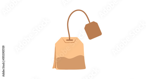 Simple flat illustration of a tea bag with a string and label on a white backdrop