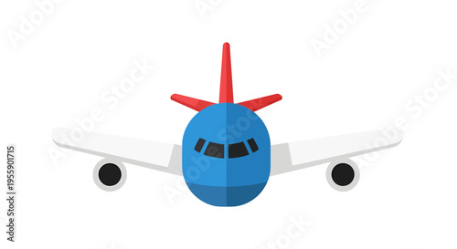 Simple front view illustration of a blue and white airplane with a red tail fin