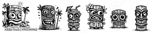 Tiki Mask Illustration Set Polynesian Tribal Statues and Totems Collection Vector Black and White Character Design for Summer Party
