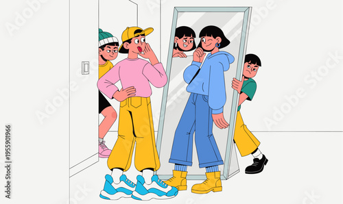 April Fools Day Funny Prank with Mirror Illusion and Friends Illustration