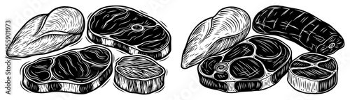 Butcher Meat Cuts Illustration Set of Raw Beef Steaks Chicken Fillet and Sausage Engraving Style Vector Art for Restaurant Menu