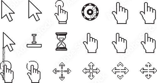 A collection of eighteen black and white pixelated computer mouse cursors and interface icons set isolated on transparent background, Vector