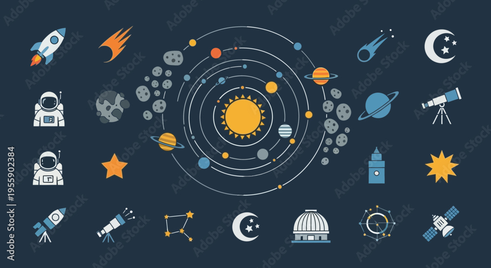 Obraz premium Solar System Astronomy Space Icons Set.